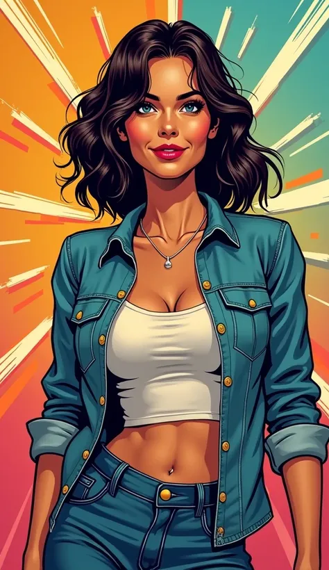 DISCREET image. image adult woman, american, comic book style. DISTRACTED. with a discreet smile. IMAGES WITH VIBRANT COLORS. with discreet casual clothes