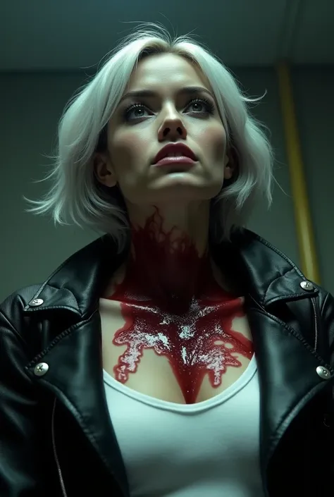 short silver hair superhero women wearing black jacket white top shot in lower  neck . she bleeds and die