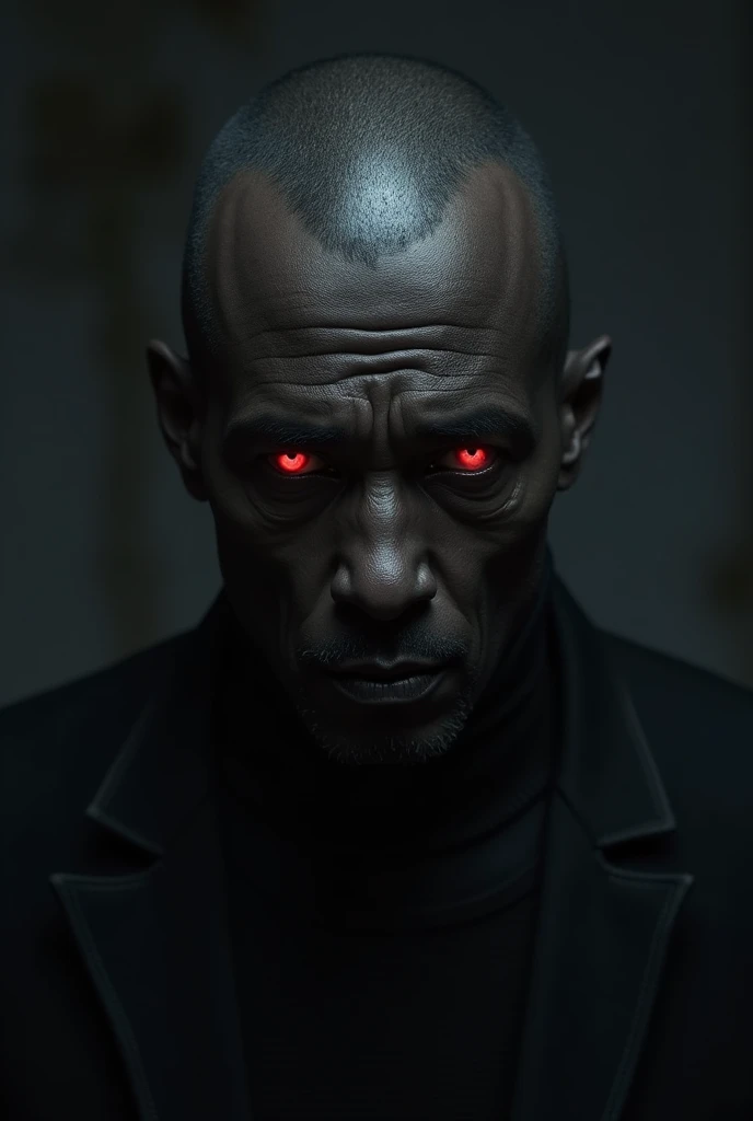 A handsome 40-year-old black man with a thin face and scary red eyes 