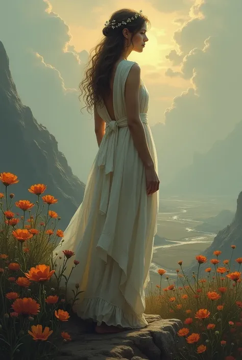  The Message of Hope **: An inspirational image of Pandora,  looking at the horizon,  with an expression of reflection and understanding . Around you,  the landscape can be bleak but with signs of new growth,  like flowers that begin to bloom , symbolizing...