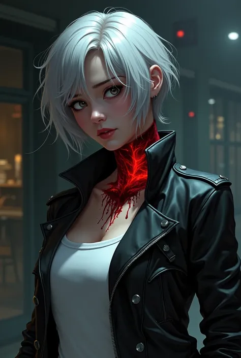 short silver hair superhero women wearing black jacket white top stabbed in lower  neck . she bleeds and die