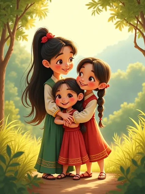 3 Eastern sisters (one of them has Down syndrome), disney pixar, golden light.