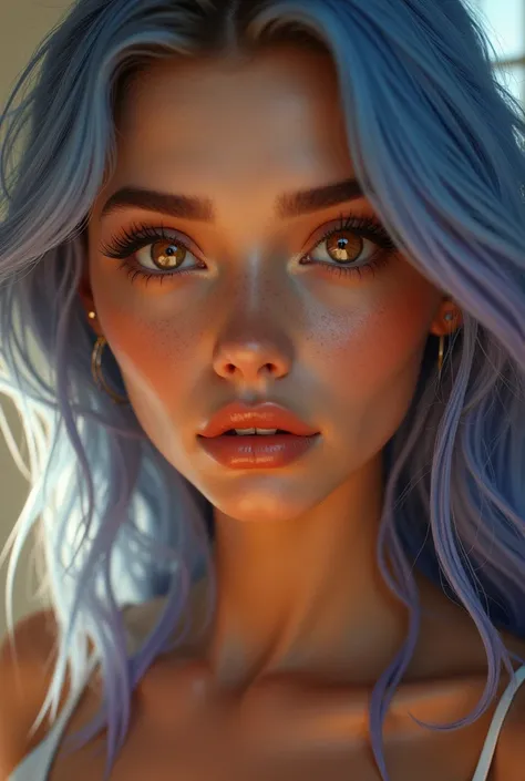 A captivating close-up shot of a young woman’s face and torso, with piercing autum-like brown eyes. Soft, golden lighting illuminates her gaze, accentuating the vibrant hue and defining the shape of her irises. Her long eyelashes frame her eyes like delica...