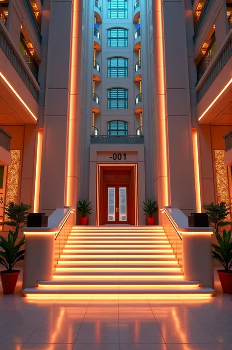 A hotel, style "doors (roblox)" WITH TWO RECEPTIONS ON THE SIDES OF A STAIRCASE THAT LEADS TO A DOOR WITH THE NUMBER 001