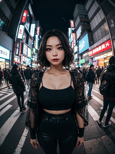 , Heavy makeup, Provocative clothing, night, Standing in Tokyo, Bokeh, fisheye photography 