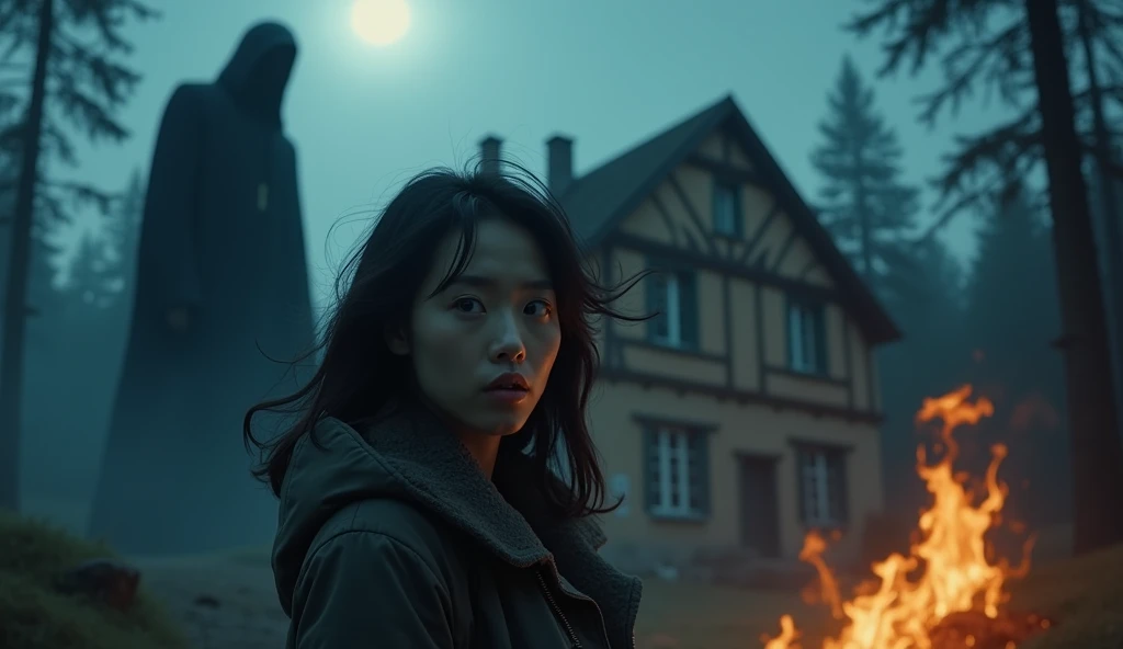 " Mystical horror poster , an asian woman, work,  standing in front of an old European house set amidst a pine forest ,  night with dimly lit moonlight ,  large black shadow figure menacingly behind him ,  the woman wearing a thick jacket ,  hair blown in ...