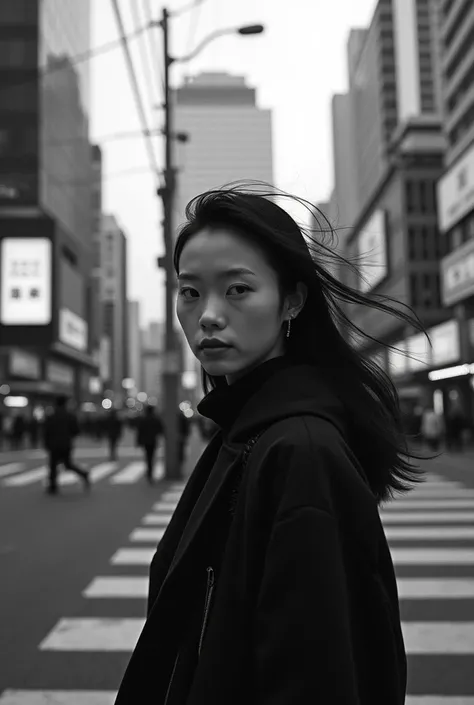 Black and white photo of an asian person in Tokyo, in the style of Magnum with motion blur and foreground blur, city glas reflections  