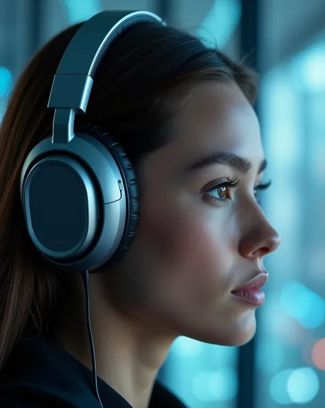 (photorealism:1.2), Please generate a profile picture with a sleek, modern tech theme,  with headphones 