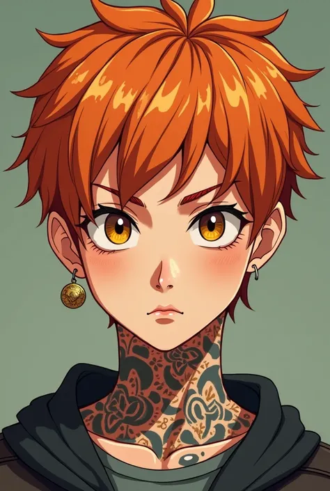  adult male of 22 years old with orange hair with short mushroom cut, with gold and black lenses , with tattoo on the neck, earrings, nose piercing,  of cinnamon color passion ,with brown eyes , in cartoon