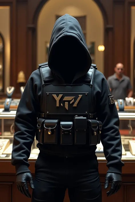 Create my company logo  ,  that this is a hooded man wearing a bulletproof vest in a jewelry store and underneath that say YP stock