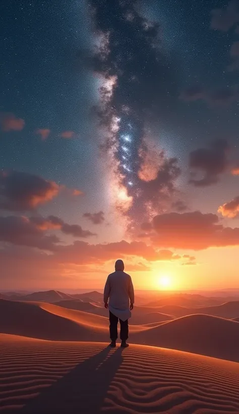 A serene, vast desert at twilight, symbolizing the oneness of Allah. The lone figure of a traveler stands facing the horizon, with the sky reflecting the richness of the declaration, capturing the essence of divine uniqueness and sovereignty.