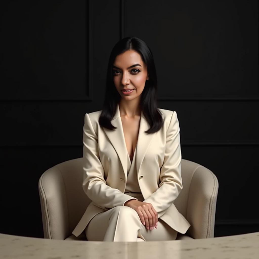 a Javanese woman, sharp nose, straight shoulder-length black hair, wearing cream colour a career womans office suit, sitting in a luxurious chair and in front of a round table, black wall background, realistic