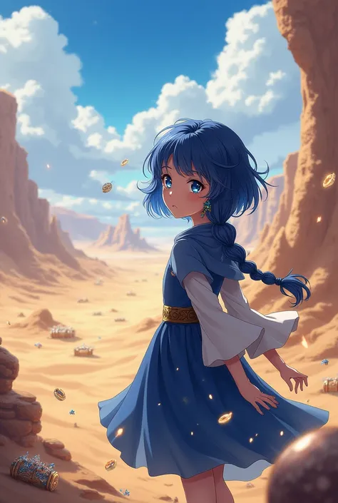 Magi the kingdom of Magi dark blue haired girl with long braid short fluffy hair earrings in ears and eyes like sapphire anime in desert with sand and treasures 