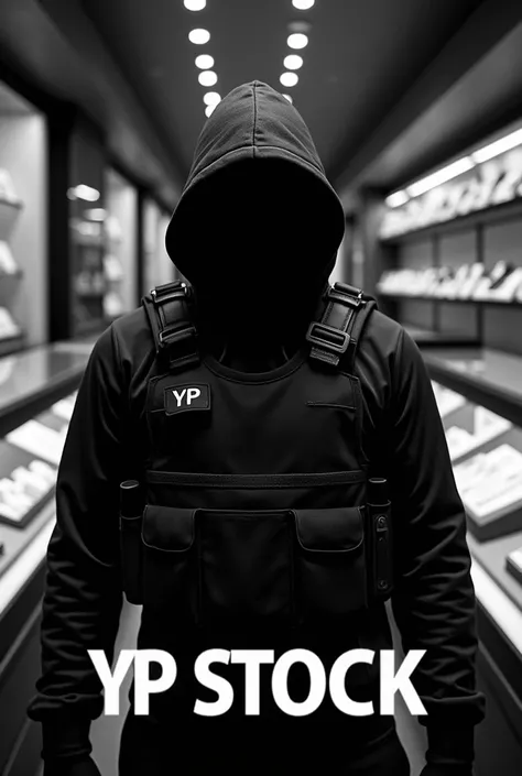 Create my company logo  , That this is a hooded man wearing a bulletproof vest in a jewelry store and under that say YP stock and let it be black and white