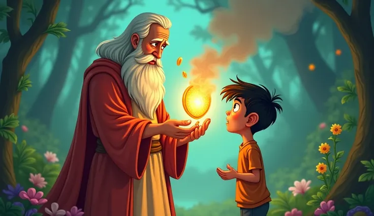 A cartoon scene of the saint showing Ramu a shining, magical mirror. Ramu looks amazed and greedy as the saint explains that the sweets seen in the mirror will turn into gold if they are honest. The mirror reflects Ramu’s low-quality sweets, turning them i...