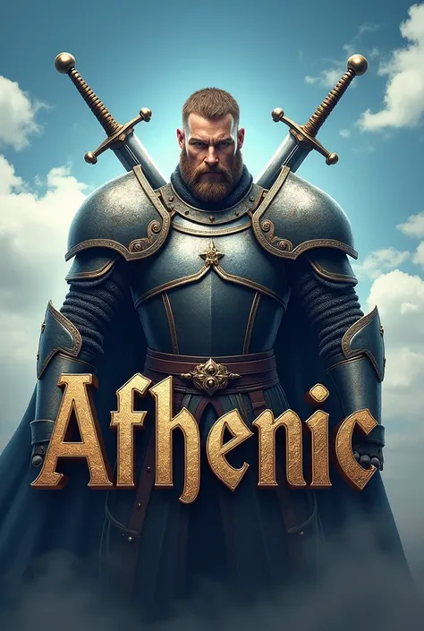 Create logo type,  of a medieval armored warrior ,  with two swords on his back ,  underneath the armored warrior the name AFHENIC, Behind blue sky with white clouds 