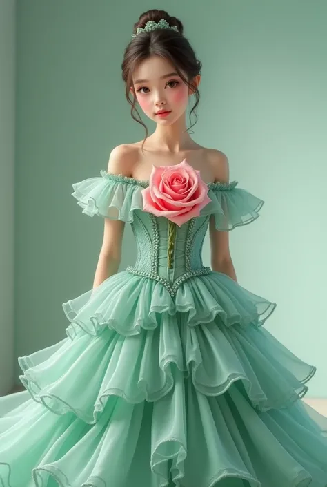 A girl、Wear a gorgeous mint green dress、 standing 。The dress features a voluminous 、 ruffle skirt and 、 the upper body is decorated with a large pink rose。　