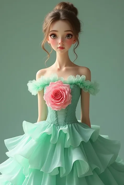 A girl、Wear a gorgeous mint green dress、 standing 。The dress features a voluminous 、 ruffle skirt and 、 the upper body is decorated with a large pink rose。　