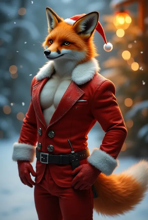 Make an anthropomorphic male fox wearing a sexy Santa Claus outfit 