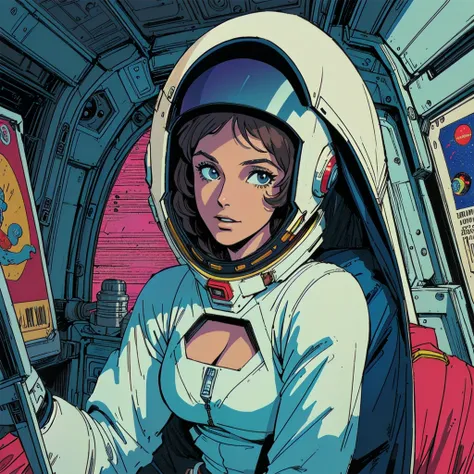 ((( Best Quality Masterpiece ))),(Lonely Goddess),(spacesuit that emphasizes cleavage ),((( 70s and 80s space thriller movie posters))),( American Comics ),((( retro vintage style ))),Overwhelmingly complex depiction,Absolute machine group background, futu...