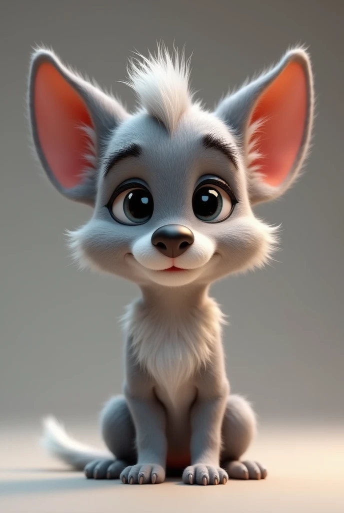 a small gray male dog , with big eyes, standing ears like those of a German shepherd in small ,  with a small, very white crest and thin white Disney-style legs.