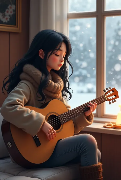  playing an acoustic guitar、Girl with black hair and long hair 、CG illustration style 、Singing with Acoustic Guitar、Winter clothes