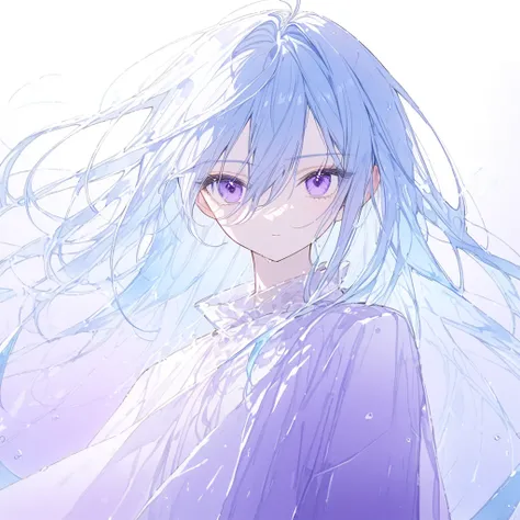 Transparent watercolor、 Long Light Blue Hair((There is a purple gradation))、Extended bangs(( hair between eyes))、Fashionable clothes、 splash