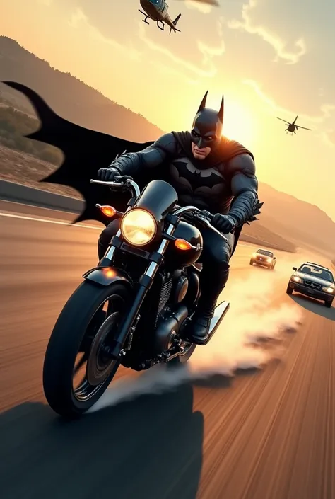 Create a vivid image of Batman, who is riding on the bike in a high speed, helicopter is chasing him in the sky, two cars chasing him behind, he is in high speed, air shows reflecting his speed, on a highway, sun is shining behind, cinematic footage ultra ...