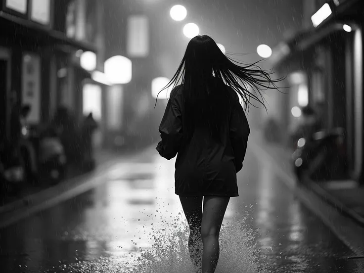 A beautiful Japanese woman with long hair runs through the pouring rain , splashing a little , as seen from behind . The image is in black and white . The time is around 10pm . Lens 30mm , 1/250 sec , f/2.8 , ISO 100e