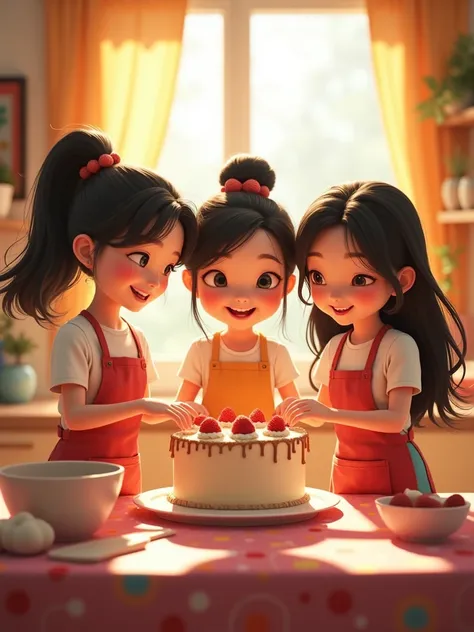 3 Kawaii Oriental sisters  ( one of them has short hair down syndrome,  the other two sisters have long hair ) making a cake, disney pixar,  golden light entering the window, having fun