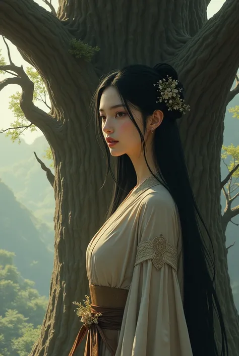 A girl has a very long black hair, adorable face, medium breasts and normal butt, also tall 1,65m. Wear a feudal stuff, close the mouth
Standing next to the big old tree