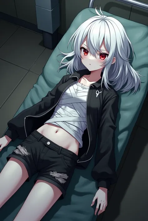 adult, anime,  white hair,  long hair got messy ,  has long hair , albino skin, crimson red eyes, black clothes,  black jacket , black short shorts.  dark circles under his eyes ,  lying on a stretcher at a military base,  with his torso full of bandages ,...