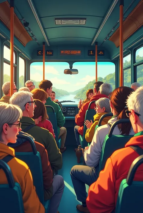 Imagine a public bus filled with a diverse group of people, some elderly, others ren, all traveling together on a tour. They are seated in a mix of excited groups, chatting, laughing, and cheering loudly. The sound of their conversation and excitement fill...