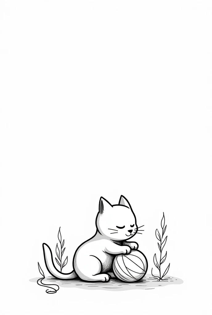 sketch art for s coloring book,white background, ish style, cartoon style, use only black outlines, clean line art, plant, a cat playing with a ball of wool Best Quality, Minimalism, Anatomically Correct, Solo, 