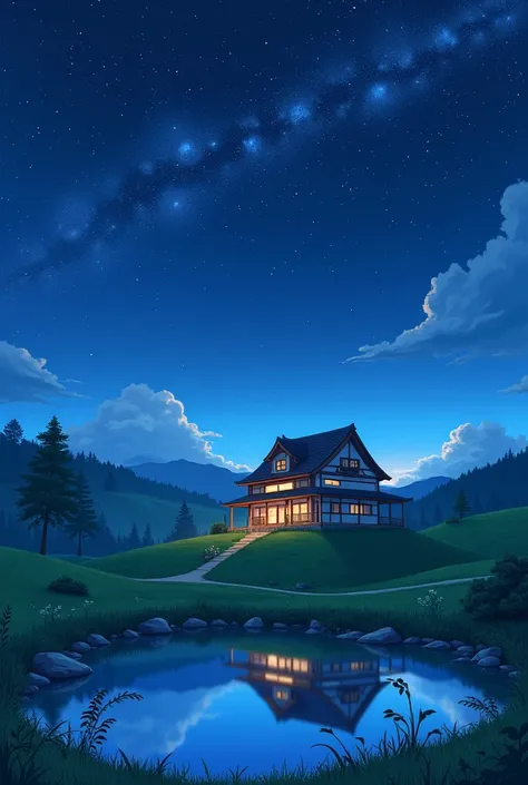 Rural house, starry night, scenery, in the style of anime
