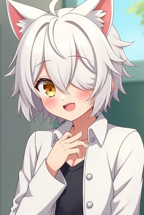 anime men with short white hair, two hair locks look like puppy ears and a lock covers his right eye, golden eyes, wearing a white school uniform jacket, he is happy