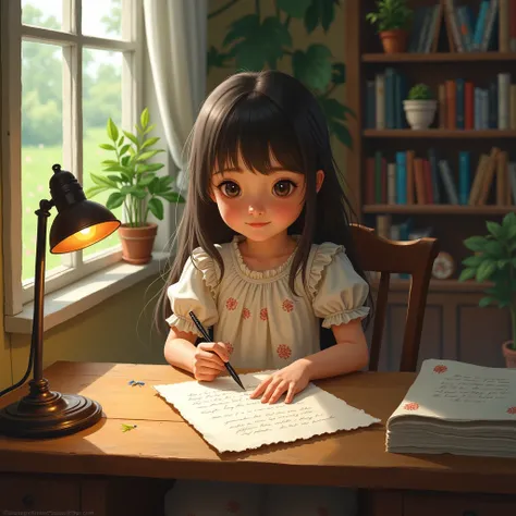 A girl writing a letter to her grandmother