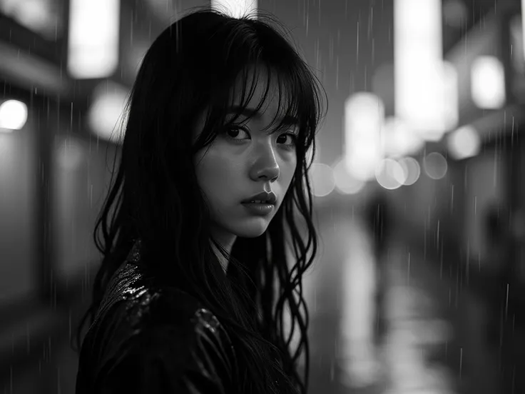 A beautiful Japanese woman with long hair is drenched in the rain and looks sadly at me. The image is black and white . The time is around 10pm . Lens 30mm , 1/250 sec , f/2.8 , ISO 100e