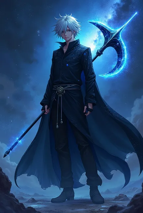 A handsome tall boy with silver-haired anime boy wearing a sparkling black robe symbolizes the darkness of the night,and hewas holding a blue-black sickle, and he was destroying the universe
