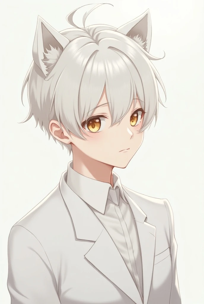 anime men with short white hair, two hair locks look like puppy ears and a lock covers his right eye, golden eyes, wearing a white school uniform jacket