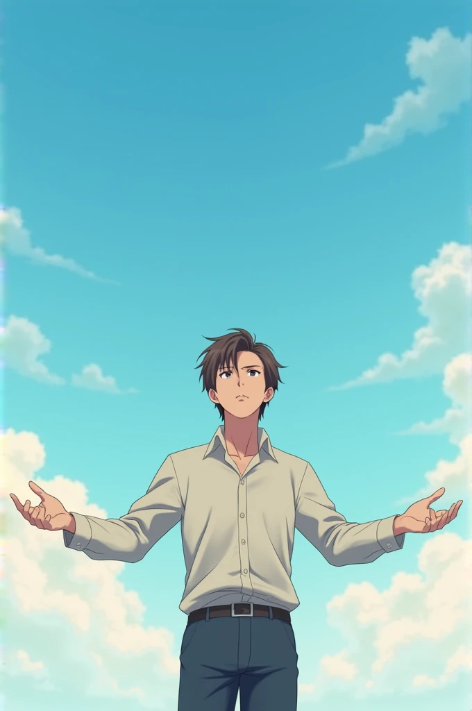 Anime brown haired boy adult with shirt contemplating the sky with his arms outstretched