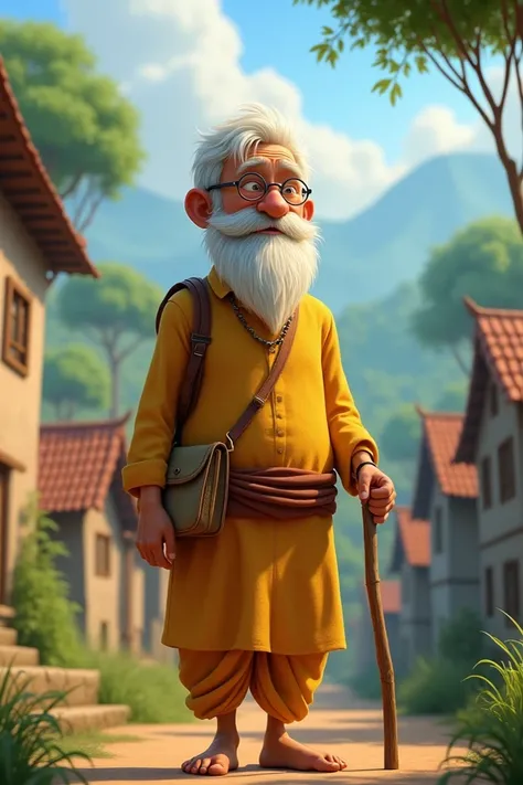 A old man, white bearded in face, puting a glasses in his eyes, wearing yellow colour punjabi and lungi, a medium sized cloth bag in his shoulder, holding a wooden stick in his hand to support himself, standing in a village with tiny houses, background is ...