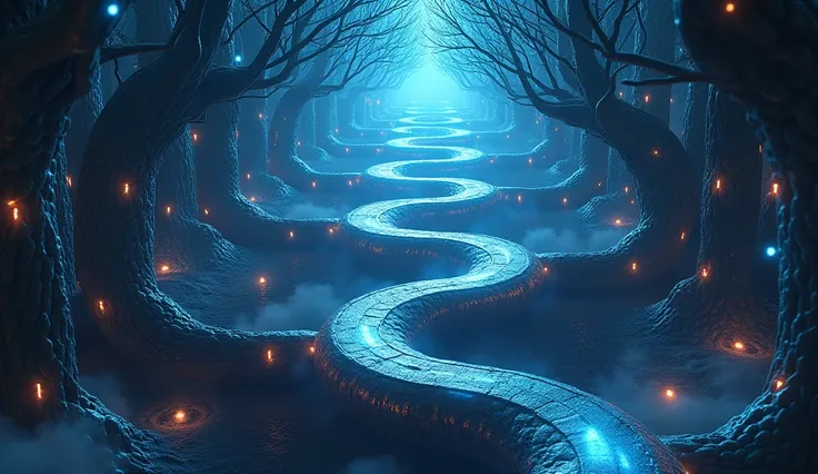 The Mind as a Maze: A labyrinth where paths are illuminated by glowing neurons.
