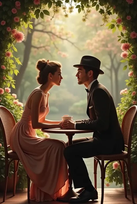 Ek couple retro look mein, garden ya coffee shop ke scene mein baitha ho.