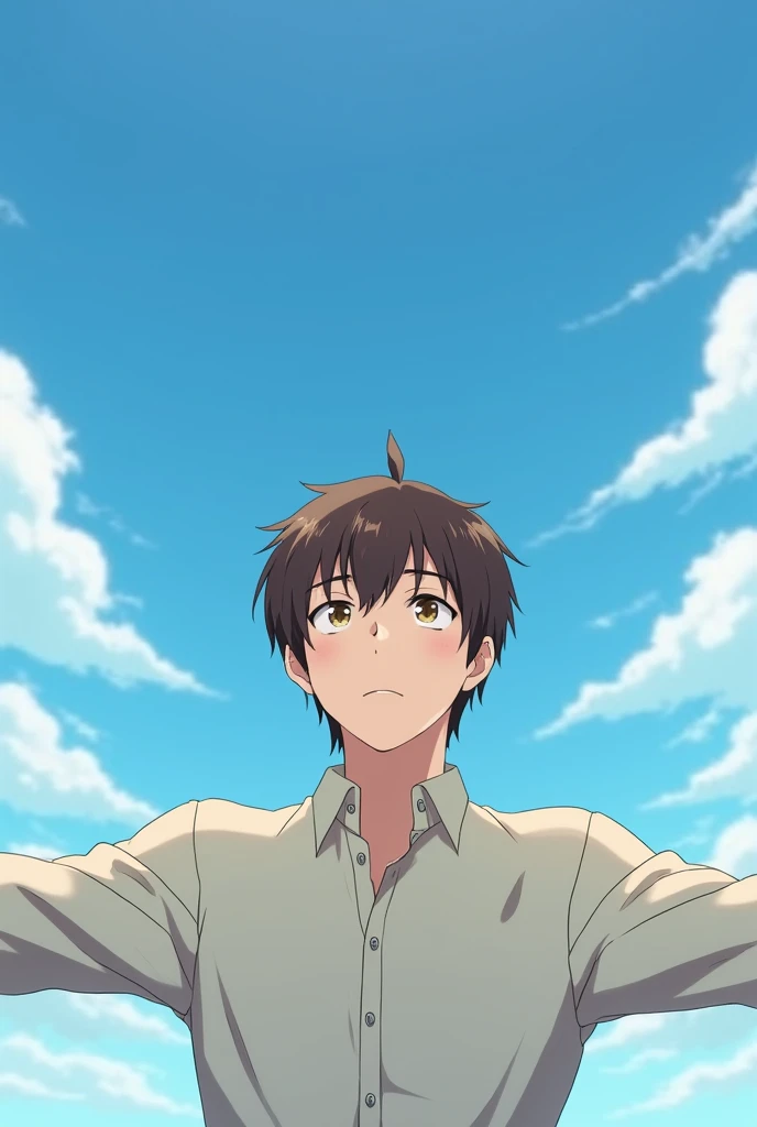 Anime brown haired boy adult with shirt contemplating the sky with his arms outstretched