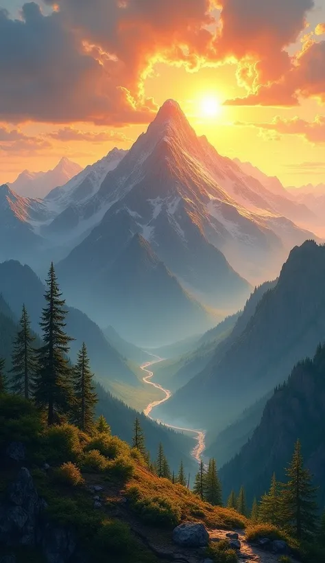 A rising sun bathing a mountain in golden light, representing renewal and strength.