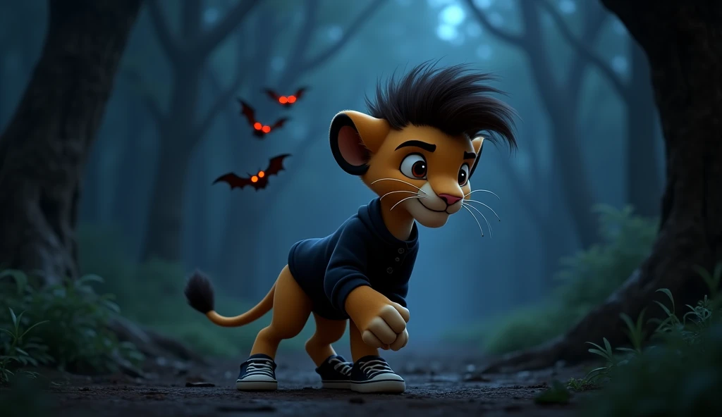 “kittu, a     4-month-old male baby lion, black human type hair style, golden fur and brown mane, in a black n nightshirt and black pant, sneakers footwear.     
Background: A dark part of the forest with bats flying around, glowing red eyes visible. Actio...