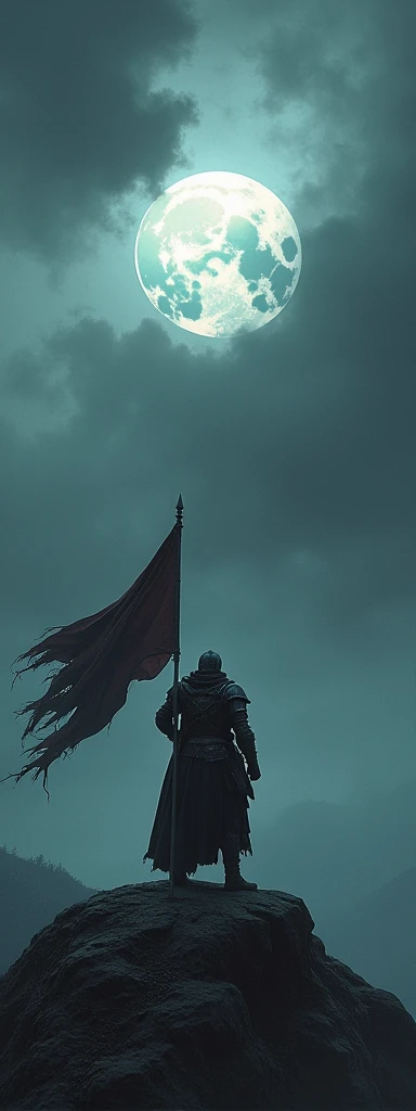  A lonely warrior standing on the top a desolate mountain ,  surrounded by a stormy sky with thick clouds and lightning Tearing the Horizon.  The warriors armor is worn out ,  but reflects the light of a partially covered full moon ,  symbolizing resistanc...