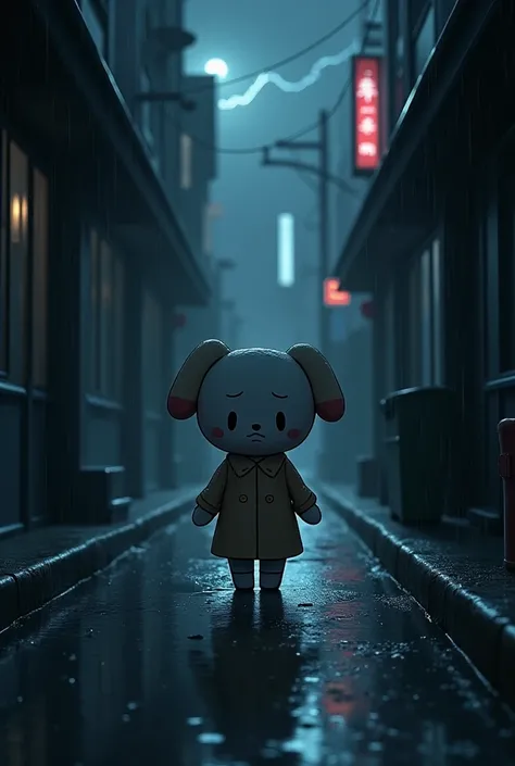 The character of Sanrio my sweet piano walks on two legs with a sad and worried face at night through a dark and rainy alley,  In search of someone  