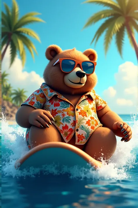 Lazy bear wearing sunglasses and Hawaiian shirt on a surfboard 